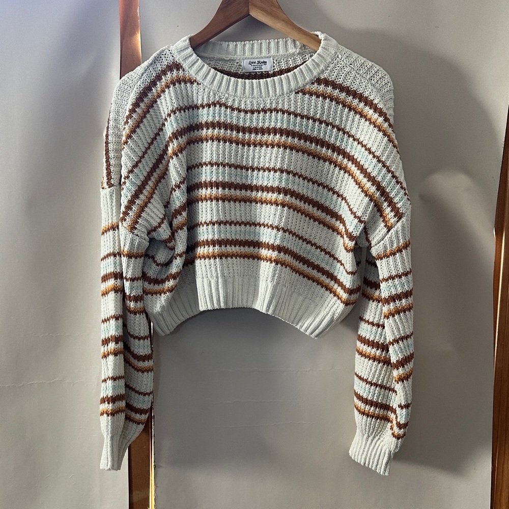 Cropped Striped Knit Sweater - Cream and Brown